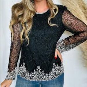 NEW Laurence Kazar beaded lace top vintage • black tie evening elegant formal